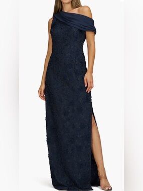 NWOT JS Collections Elodie Floral One-Shoulder Cotton Blend Gown Navy Size 12